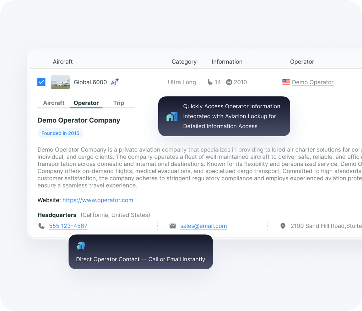 Business aviation operator directory on aviation data platform with verified profiles, contact details, and fleet information for partnerships