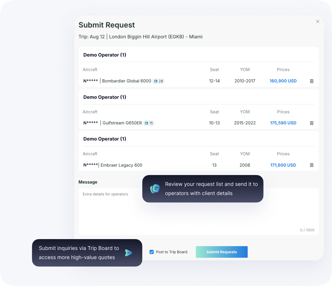 One-click inquiry submission on aviation data platform with multi-channel delivery, AI-powered notifications, and faster operator response