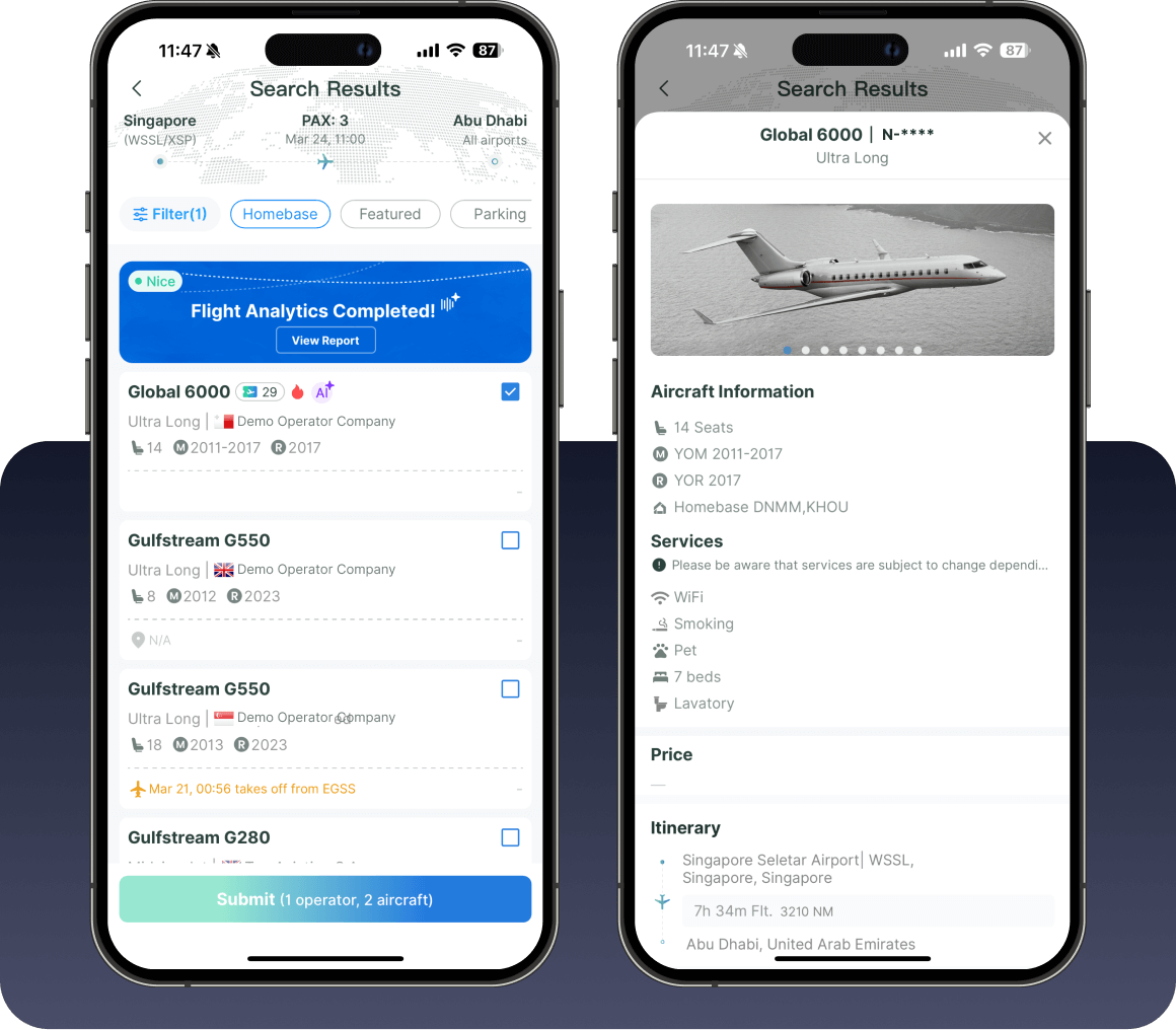 Business aviation aircraft search tool to quickly find the right jet for charter flights, with empty leg matches and fleet data insights.
