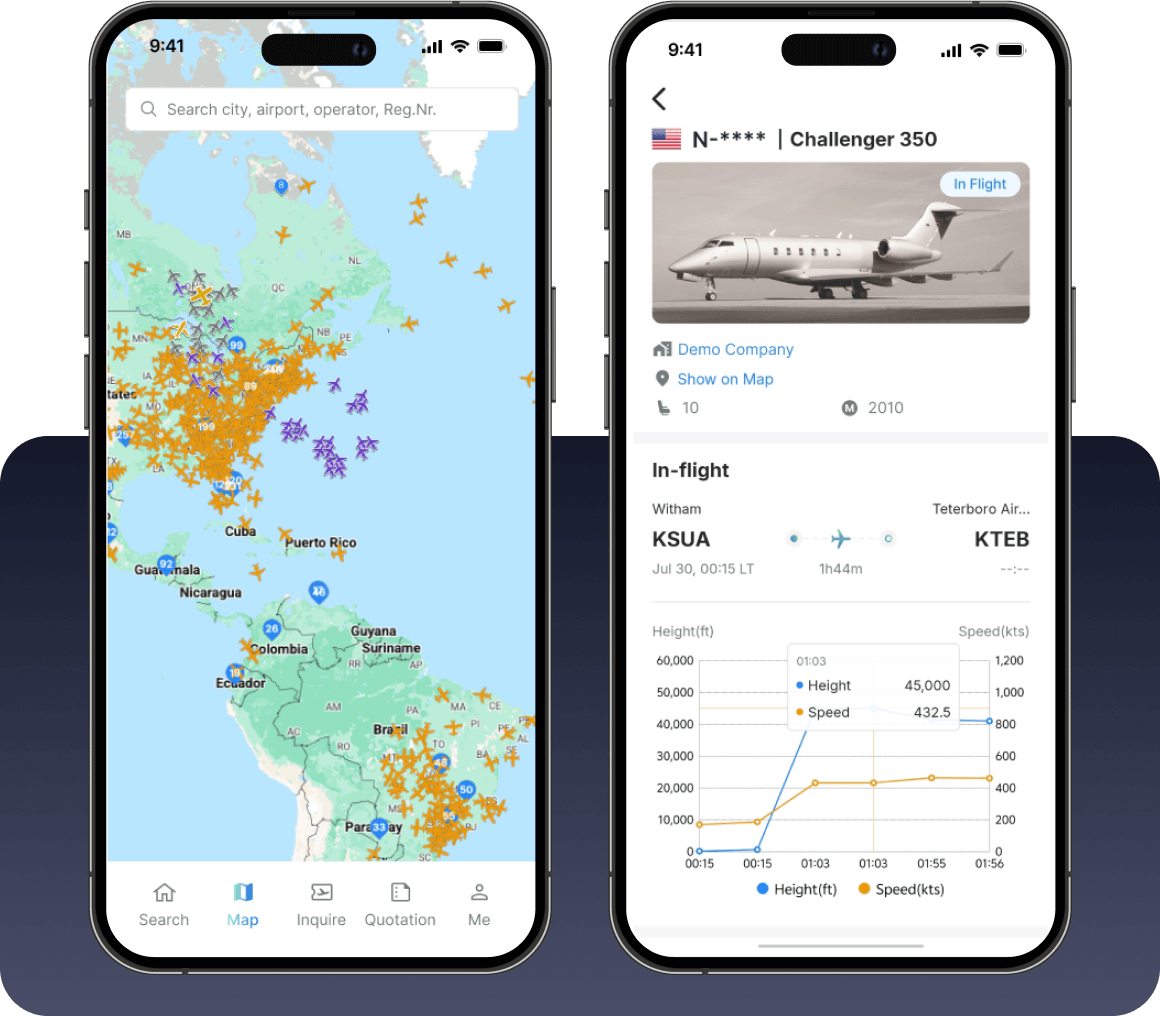 Real-time flight tracking for private and charter aircraft, showing routes, operators, and live aviation data for business aviation.