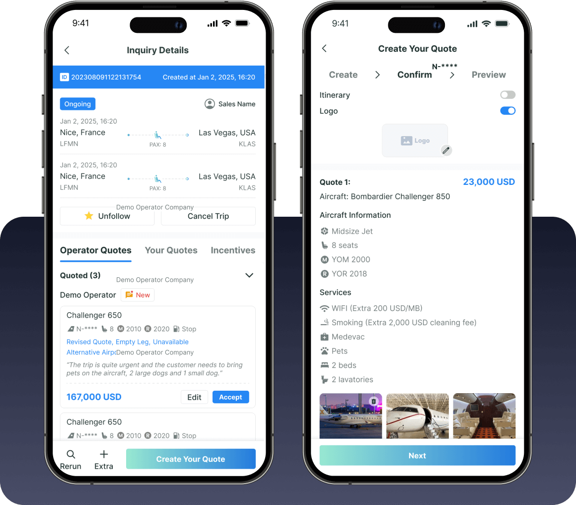  Mobile inquiry order management in a business aviation app, allowing brokers to capture client charter requests instantly.