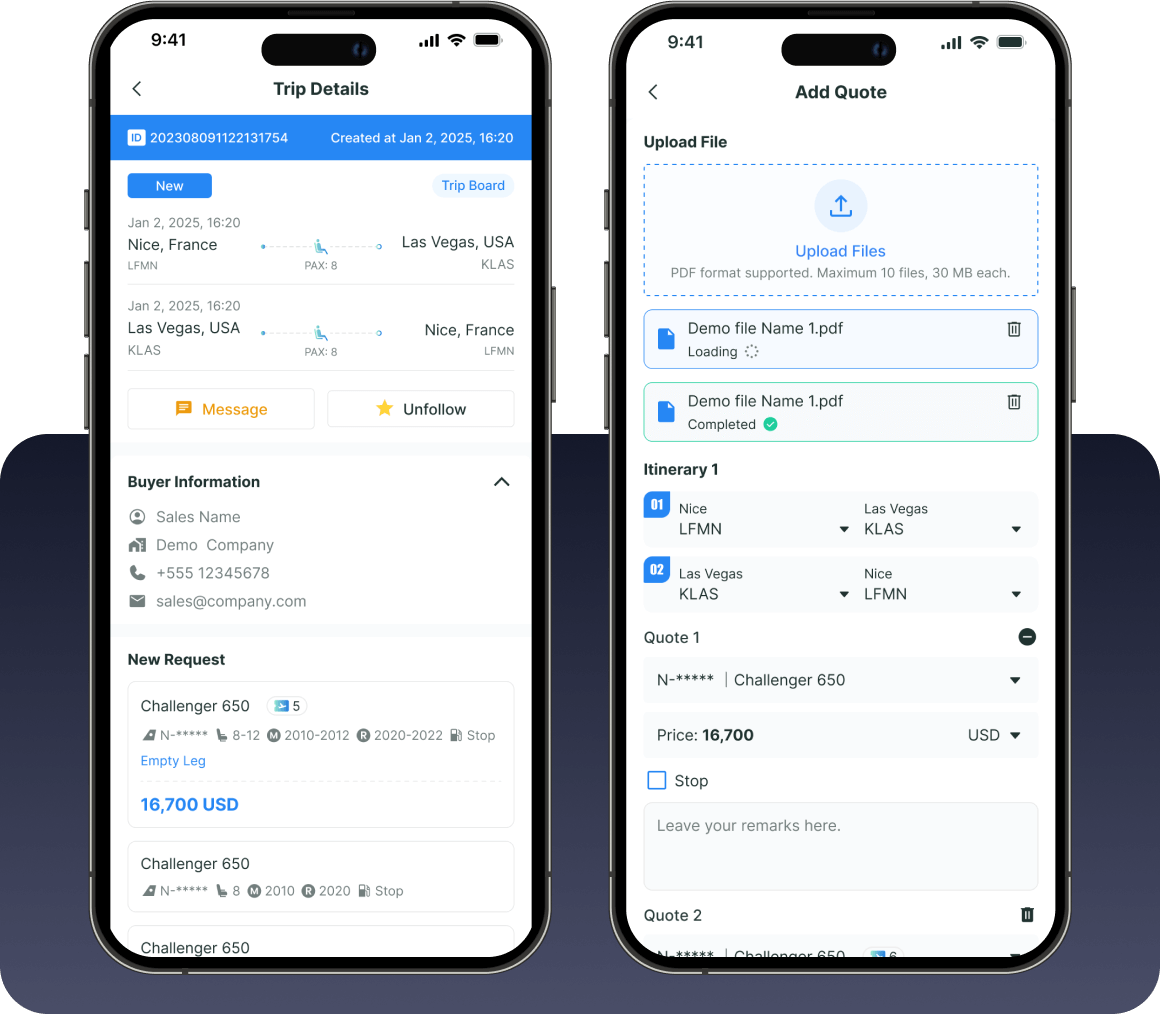 Efficient charter quotation order system for business aviation, helping operators respond faster and brokers improve conversion rates.