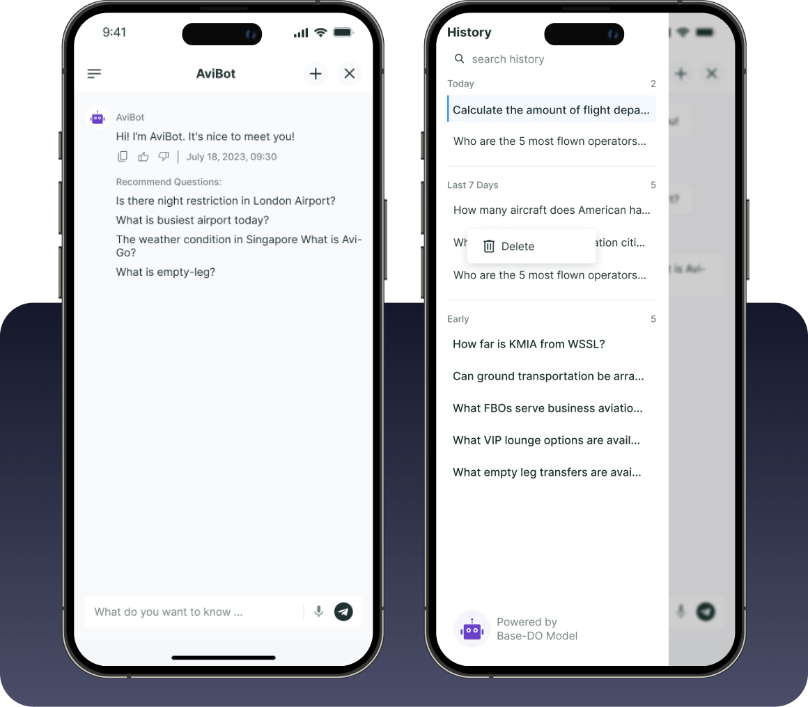 AI-powered Avibot assistant for business aviation, providing expert answers and insights with a specialized aviation data database.