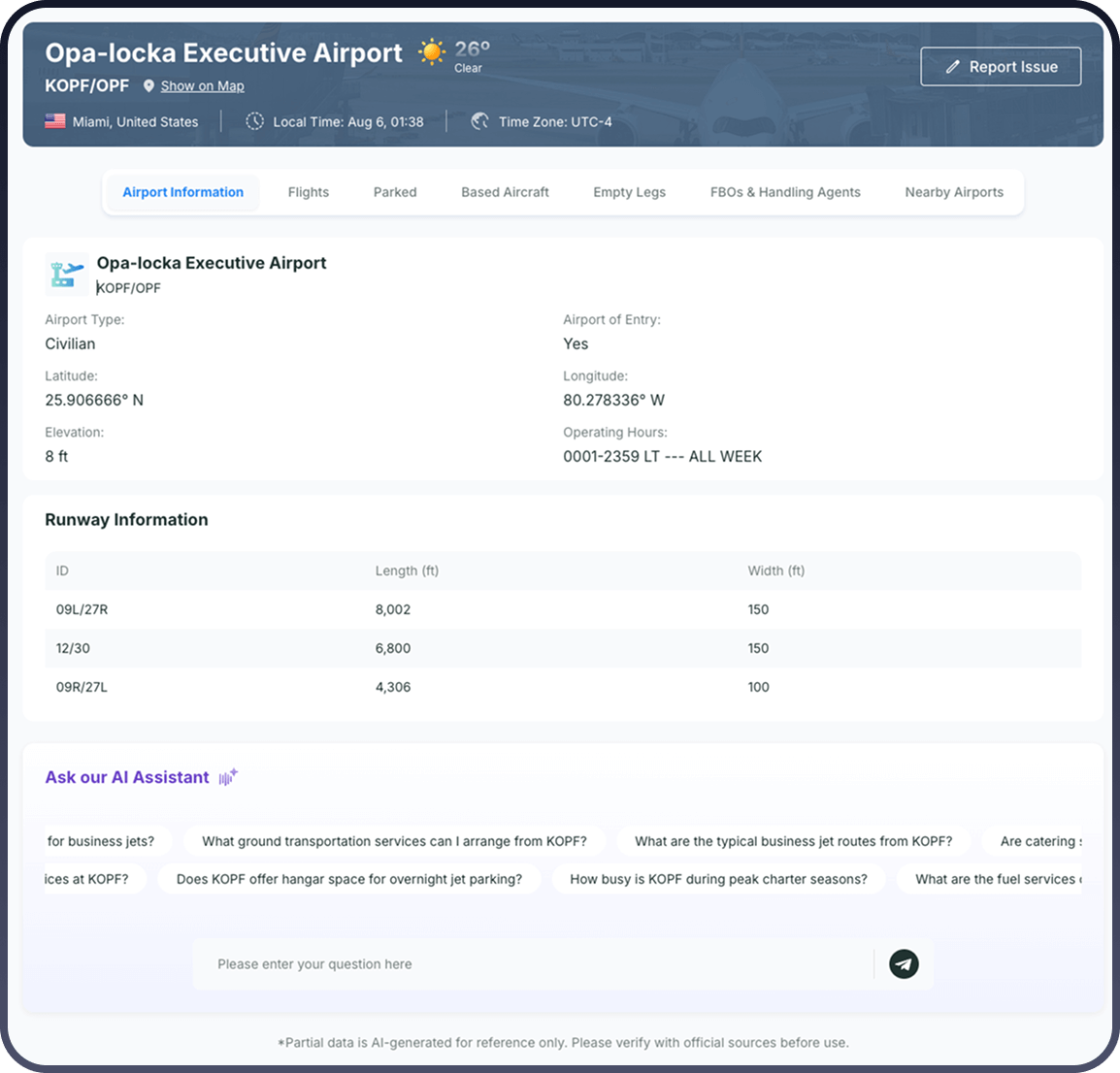 Business aviation airport overview showing location, type, and runway specifications