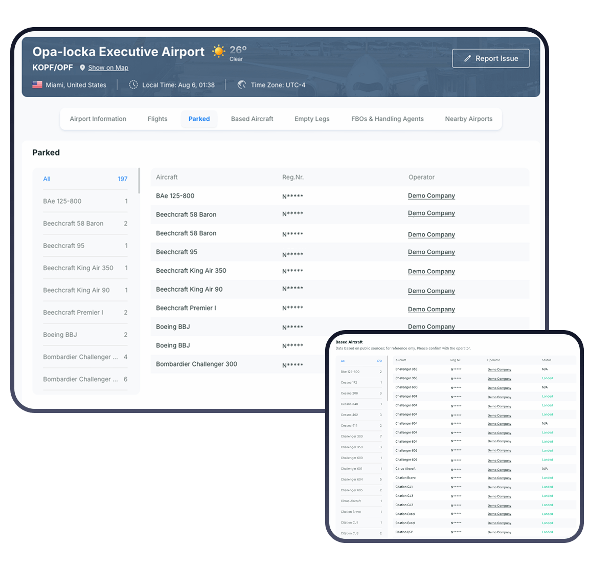Map of parked and based business aircraft at a selected airport