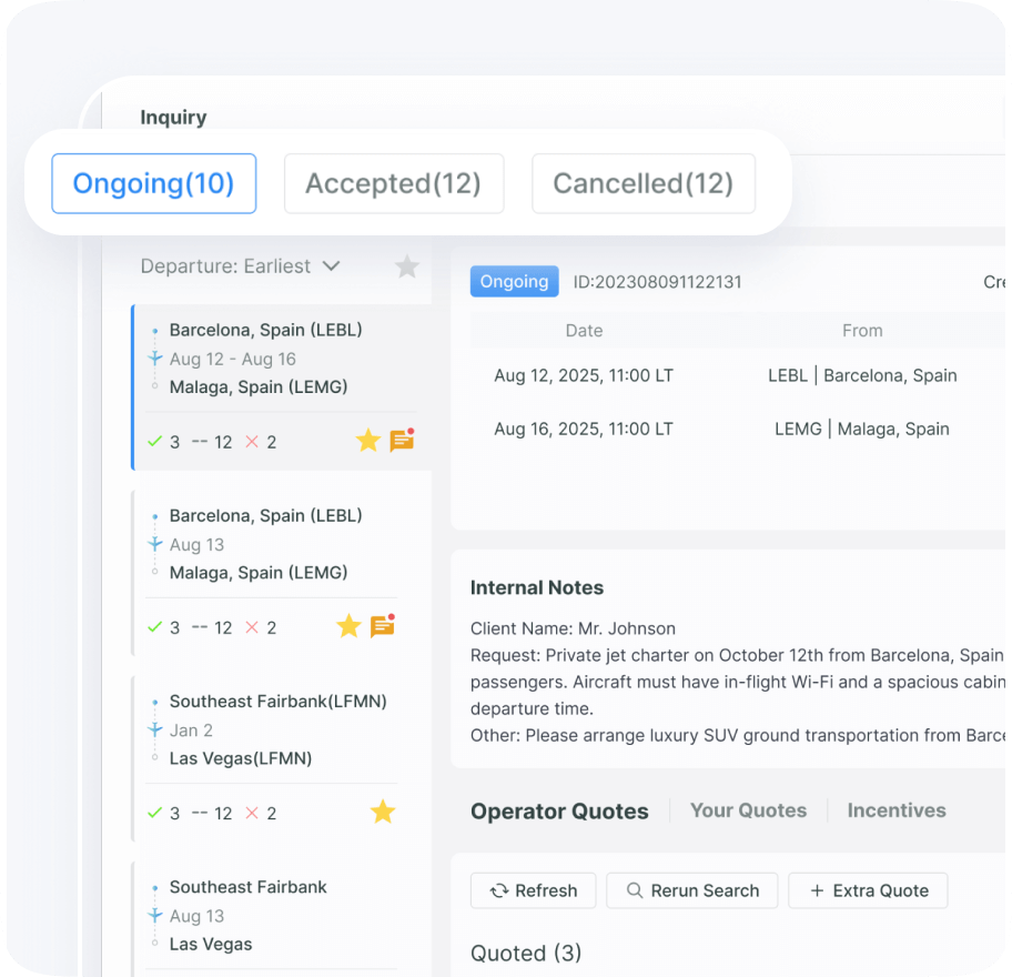 Centralized charter inquiry management on aviation data platform for faster and more efficient order processing