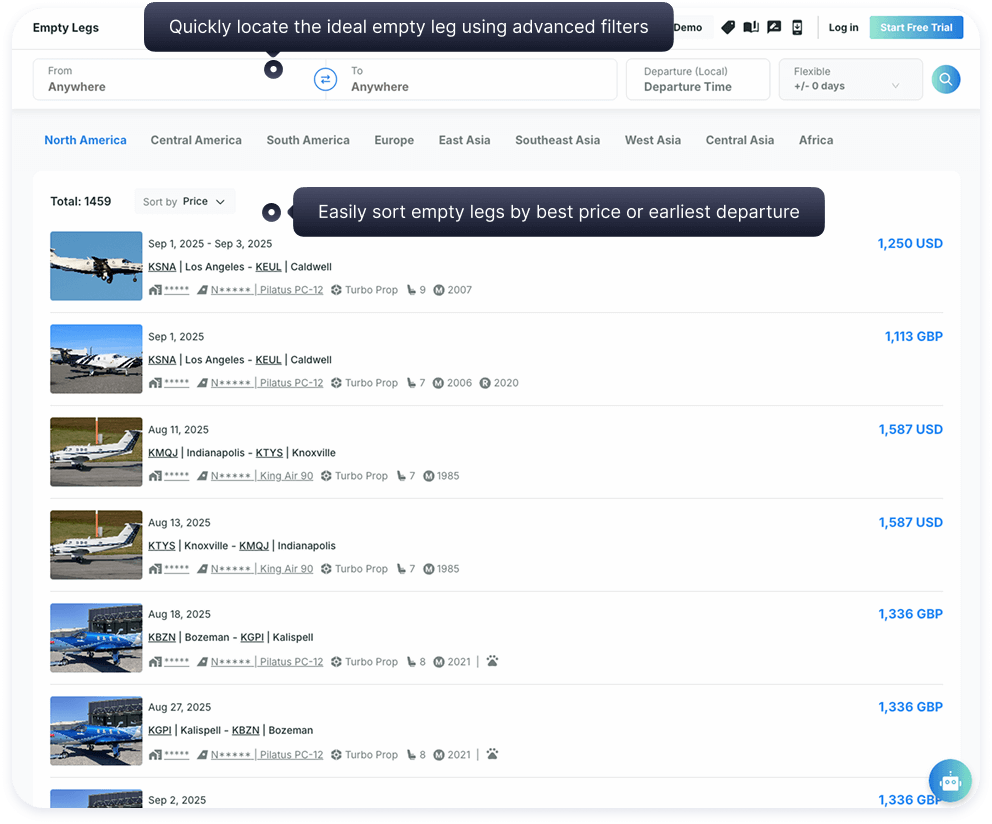 Live empty leg availability on aviation data platform with real-time updates integrated into advanced aircraft search results