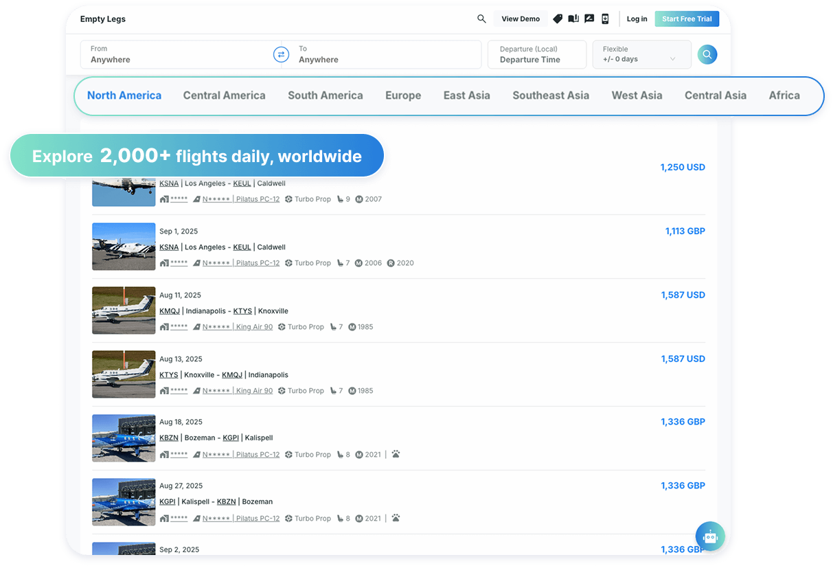 Worldwide empty leg coverage on aviation data platform with over 2,000 daily flights from verified business aviation operators