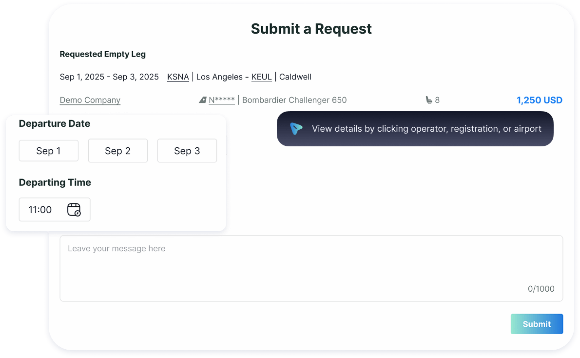 Quick empty leg charter request on aviation data platform by selecting travel date, trip details, and sending directly to operator