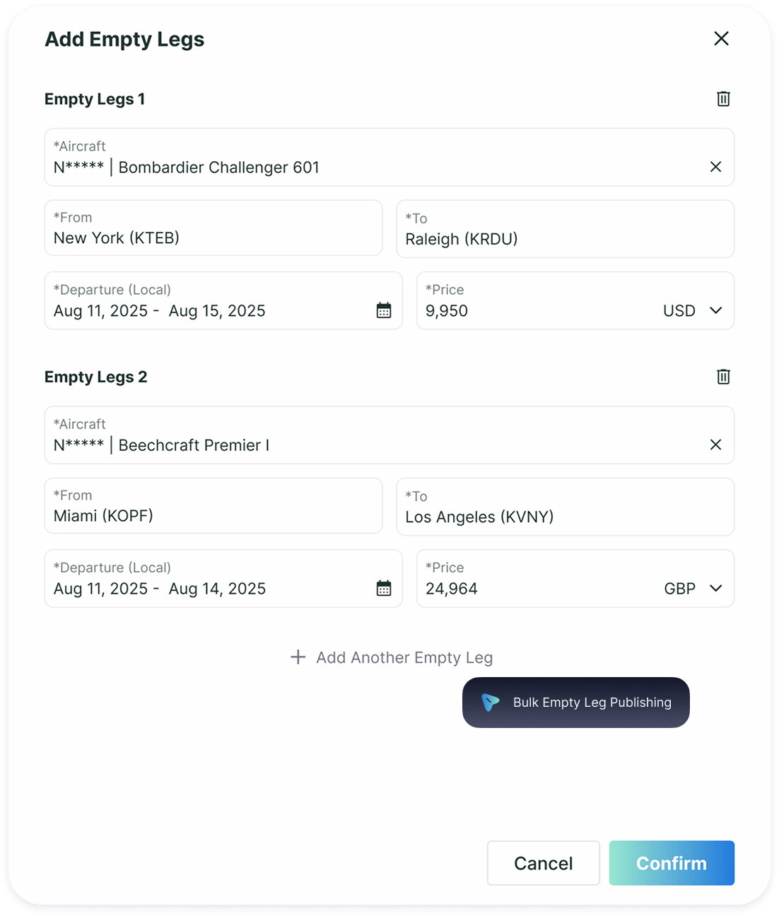 Fast empty leg management on aviation data platform for operators with quick publishing, easy edits, and automated system sync