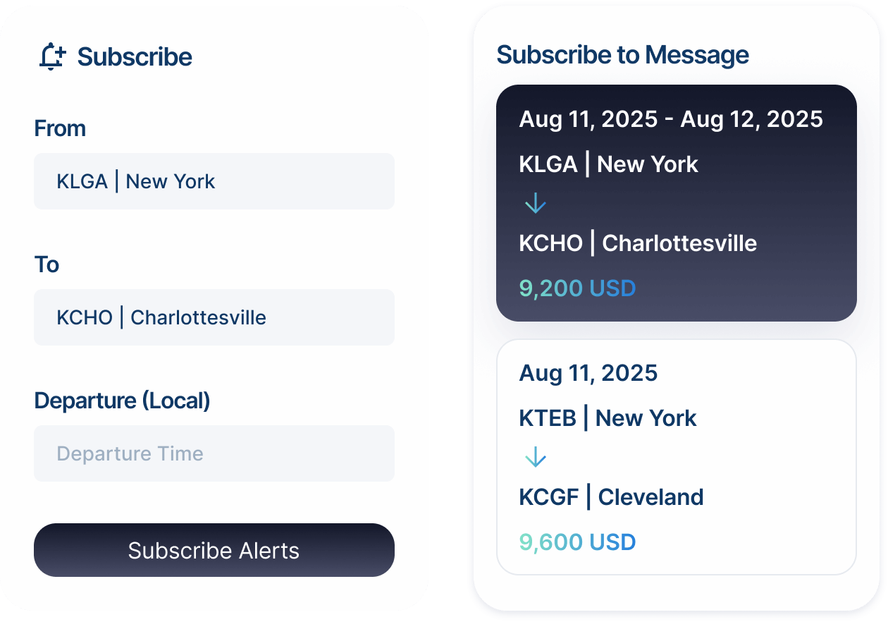 Route alerts on aviation data platform to save favorite routes and receive notifications for matching empty leg flights