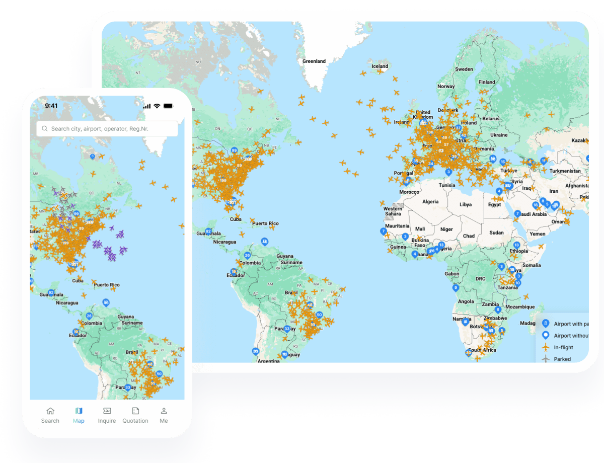 Real-time flight tracking map for global business aviation – web and mobile view