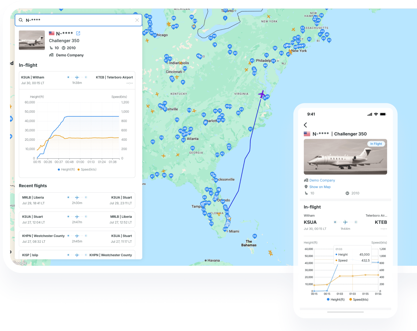 Aircraft search with real-time flight status and detailed aircraft profile