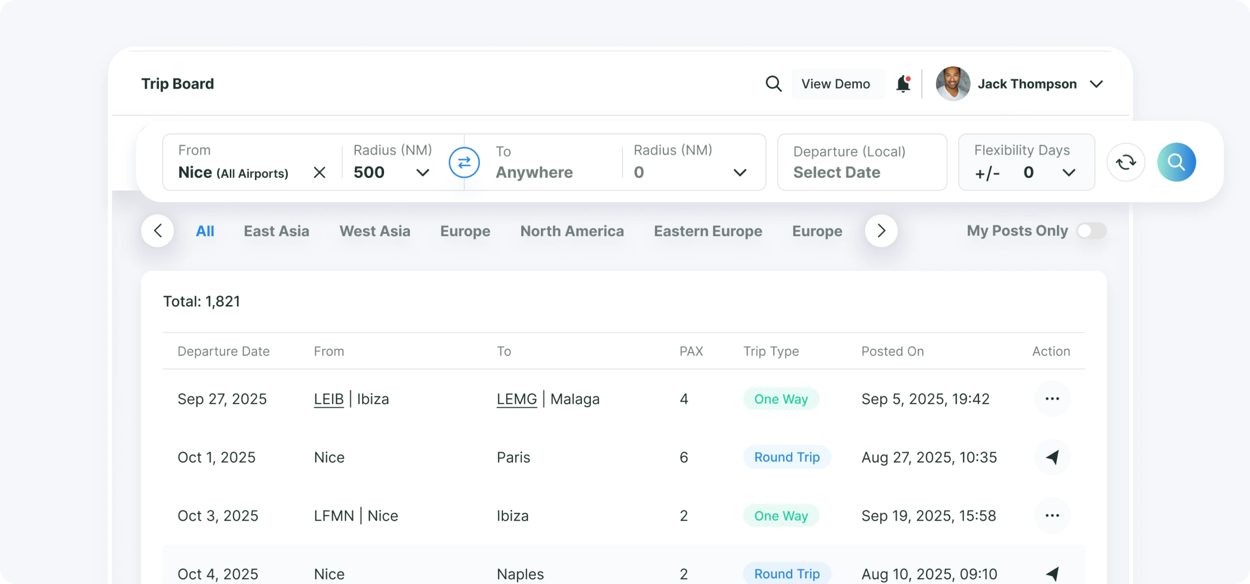 Search real-time private jet charter requests on aviation data platform matching your preferred business aviation routes