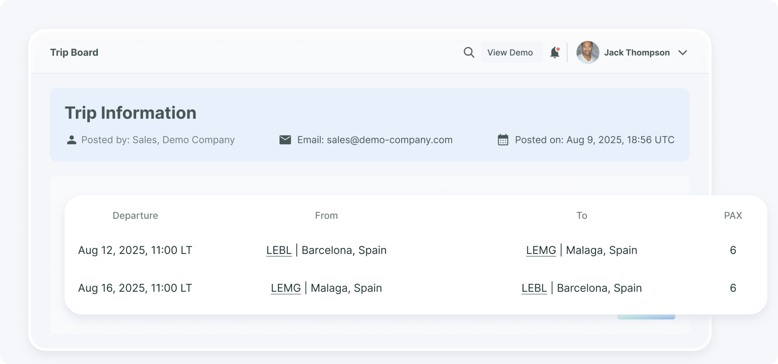 View detailed private jet request on aviation data platform with airports, dates, passenger count, and trip duration