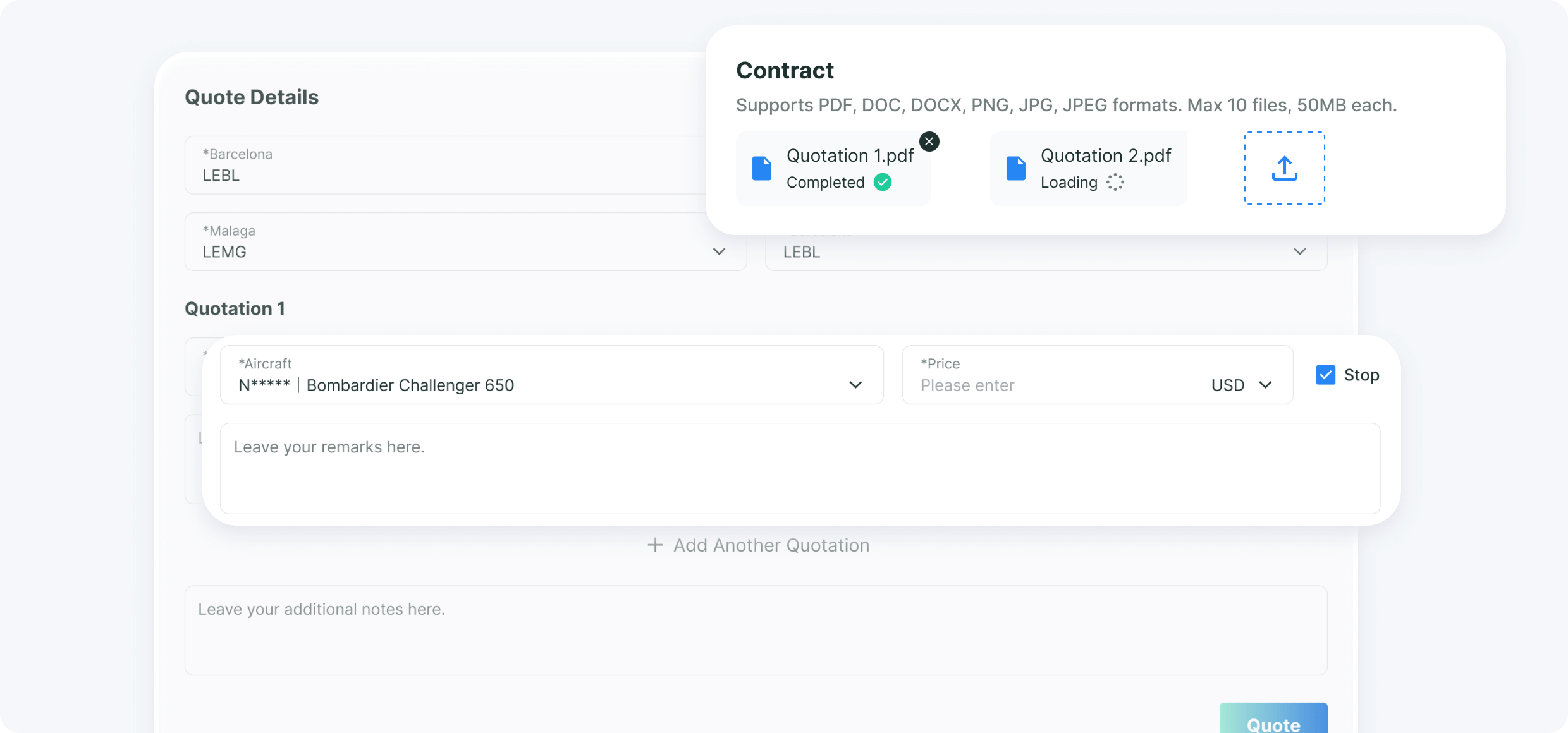 Submit charter quote on aviation data platform with all-inclusive pricing, special fees, and uploaded documents