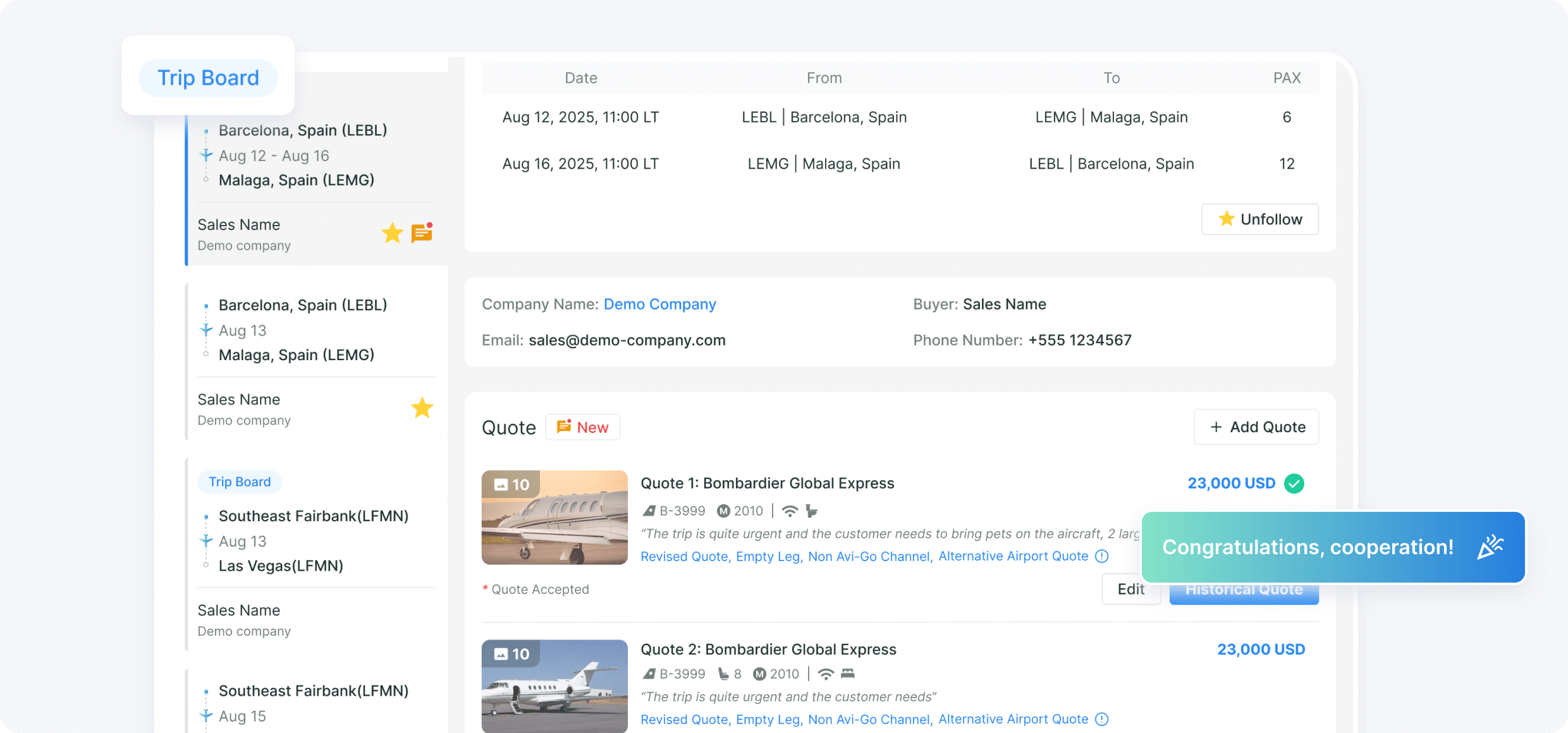 Track charter quote status on aviation data platform with broker responses and deal progress in Quotation Order