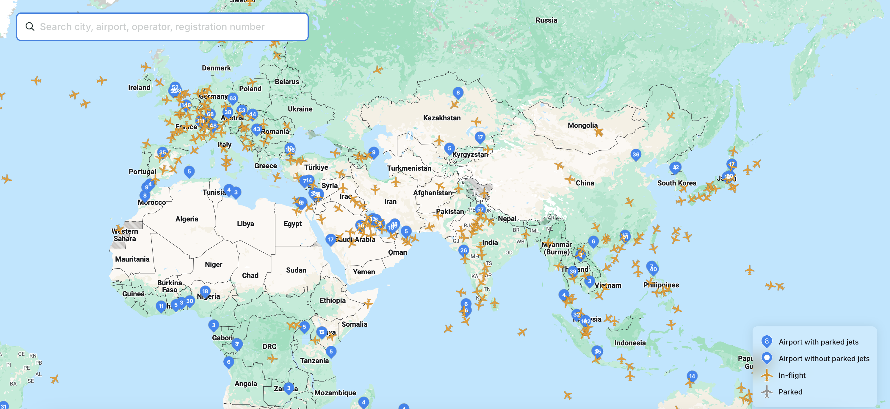 Screenshot of the Avi-Go Live Flight Tracking feature displaying real-time flight route data on a 2D map, showcasing aircraft positioning and movement.