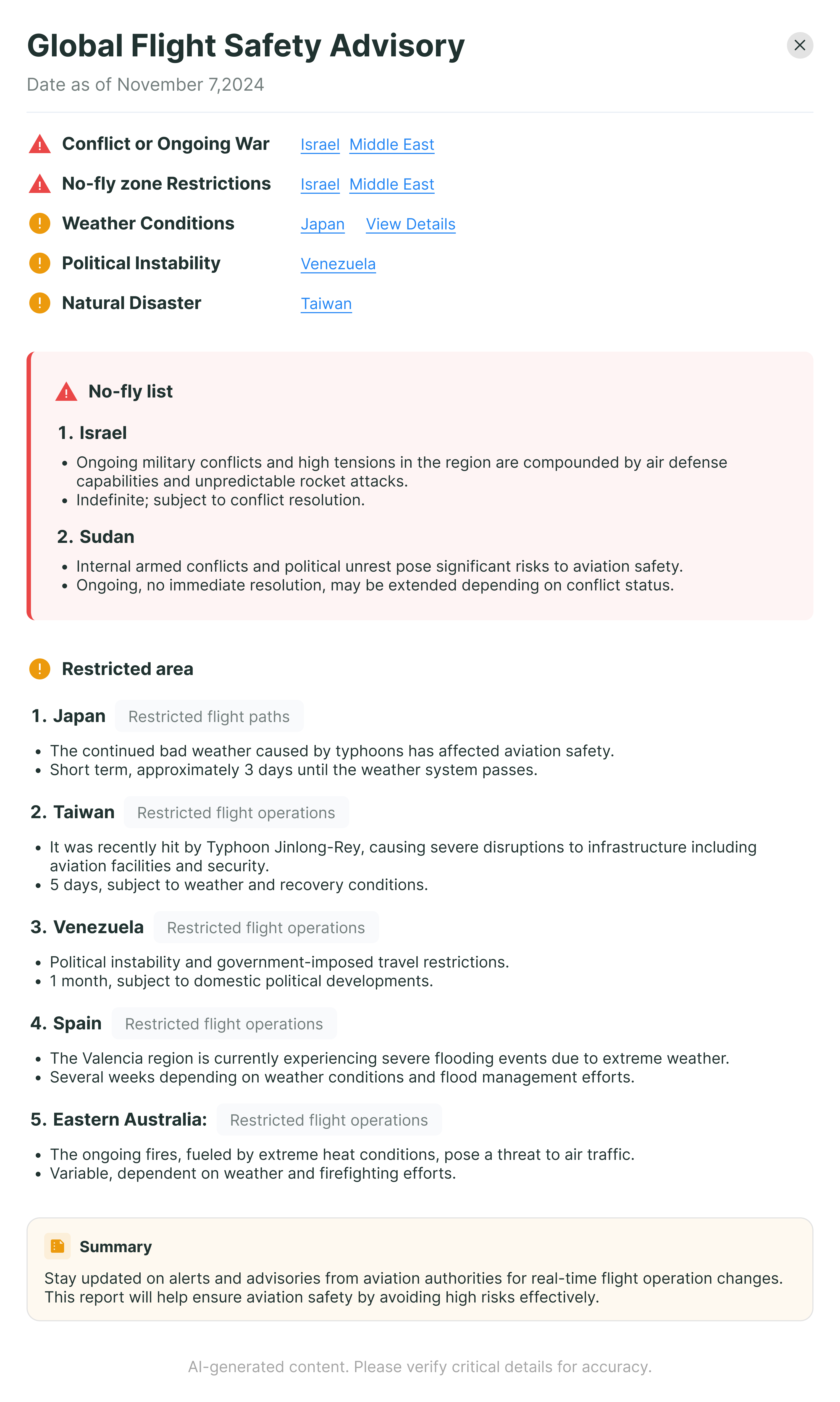 Global Flight Safety Advisory section showing flight restrictions, regional constraints, and insights for brokers and operators to optimize routes and fleet usage.