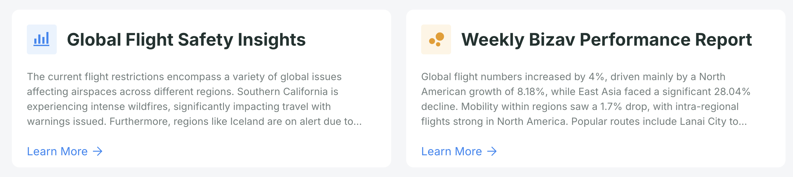 Screenshot of the Avi-Go dashboard showing Global Flight Safety Insights and Weekly Business Aviation Performance Reports.