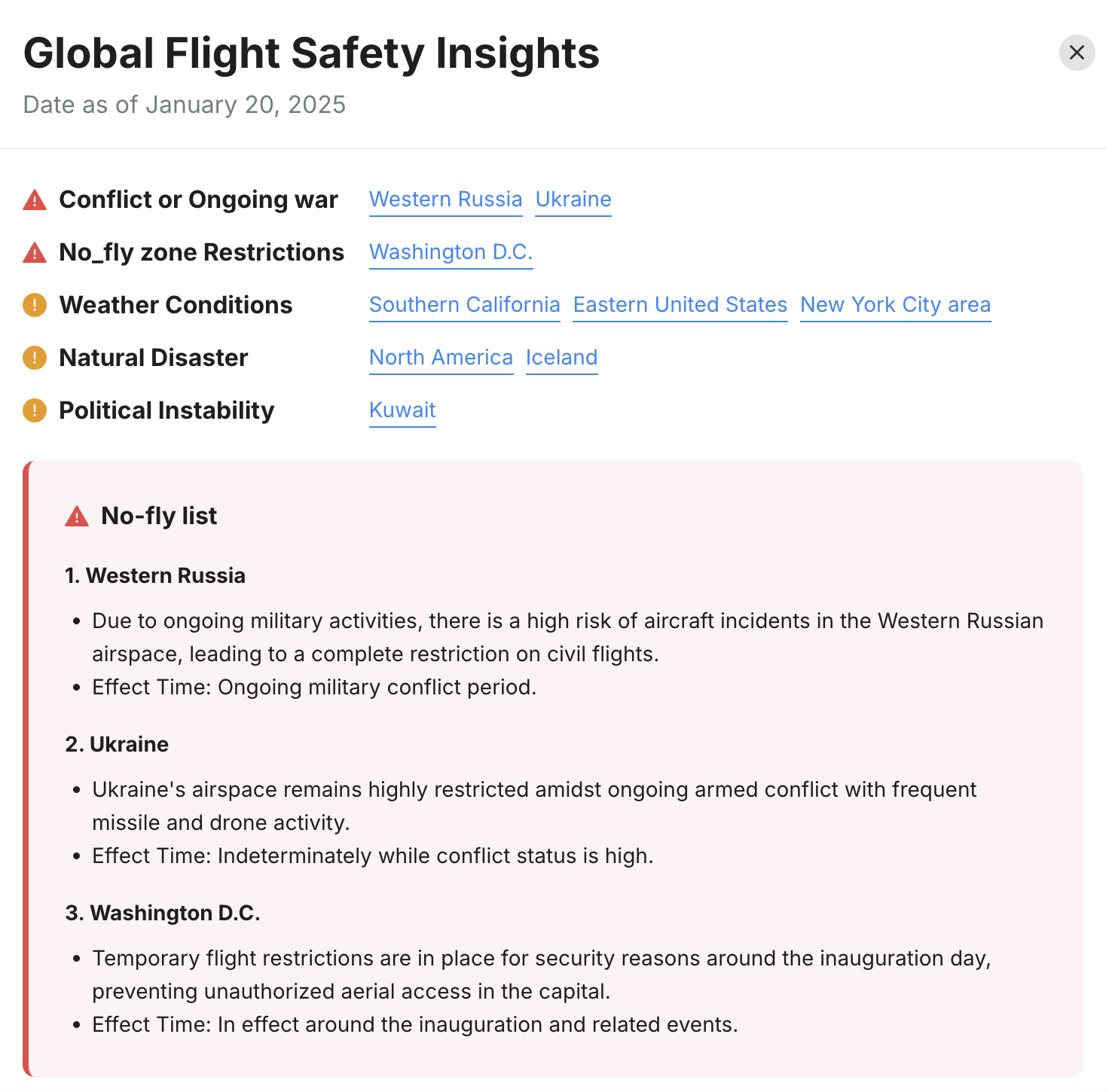 Global Flight Safety Insights section on the Avi-Go dashboard, highlighting global flight safety constraints, no-fly zones, and other relevant safety information.