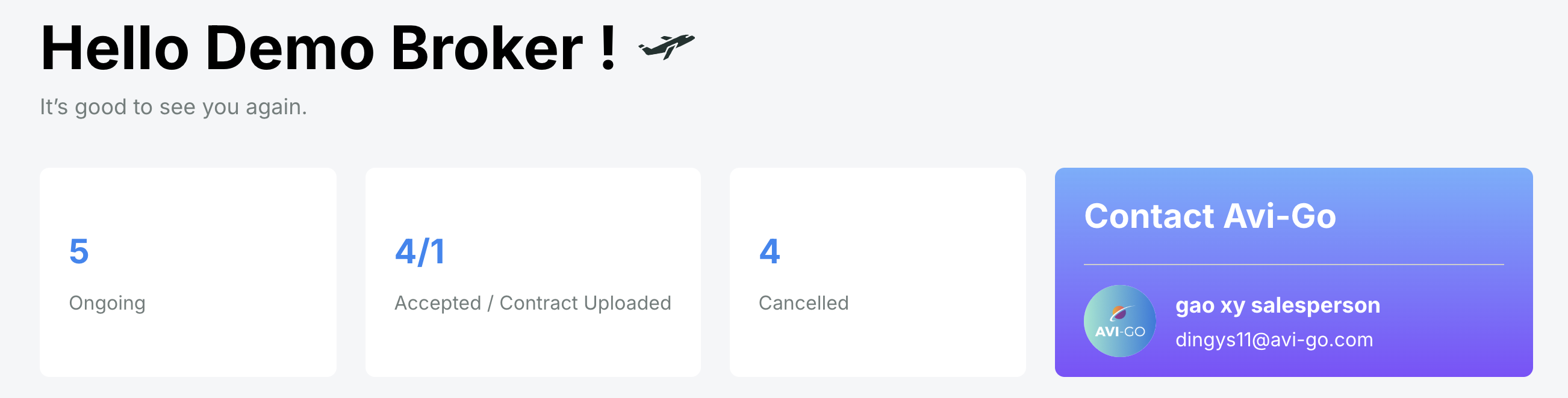 Dashboard summary of sales inquiries with order status breakdown (ongoing, accepted, cancelled), allowing quick navigation to manage details.