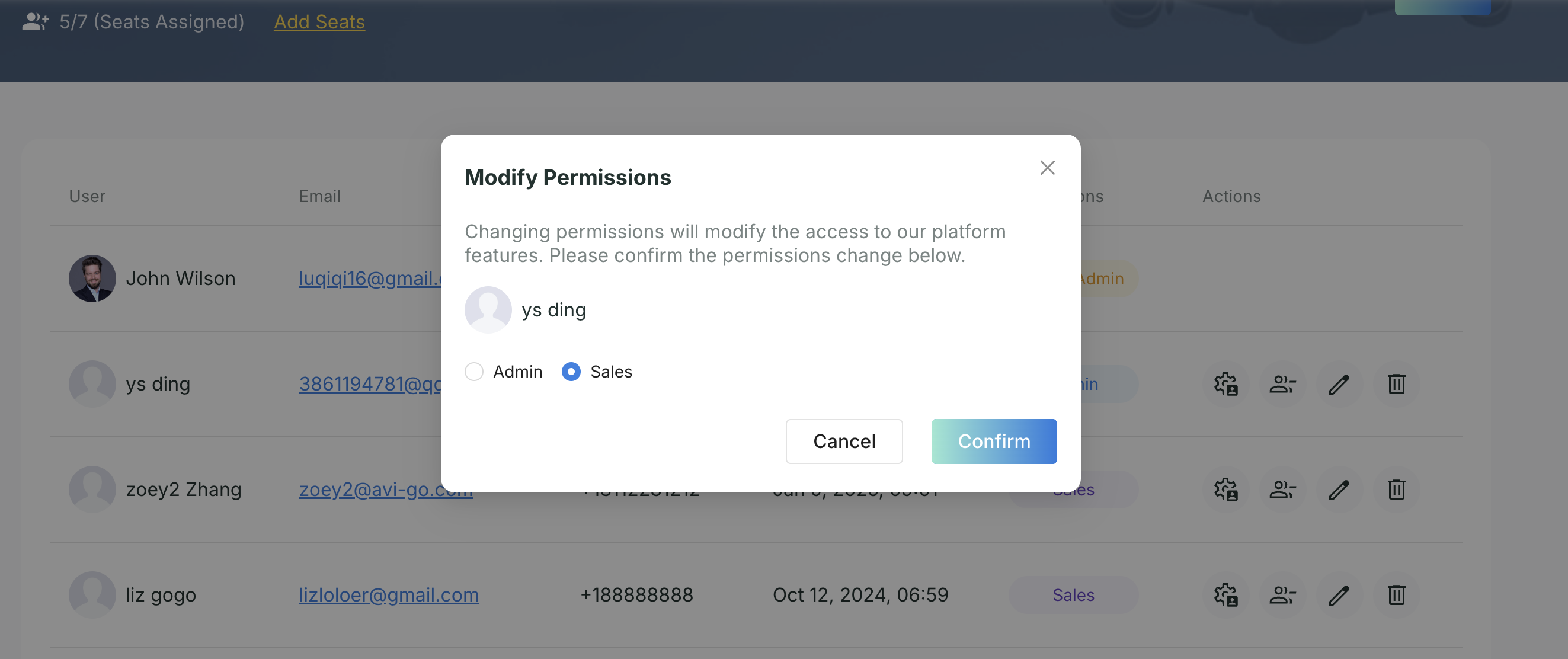 Account management page in Avi-Go settings, designed to help business aviation brokers and operators control access, prevent data leaks, and mitigate potential security risks.