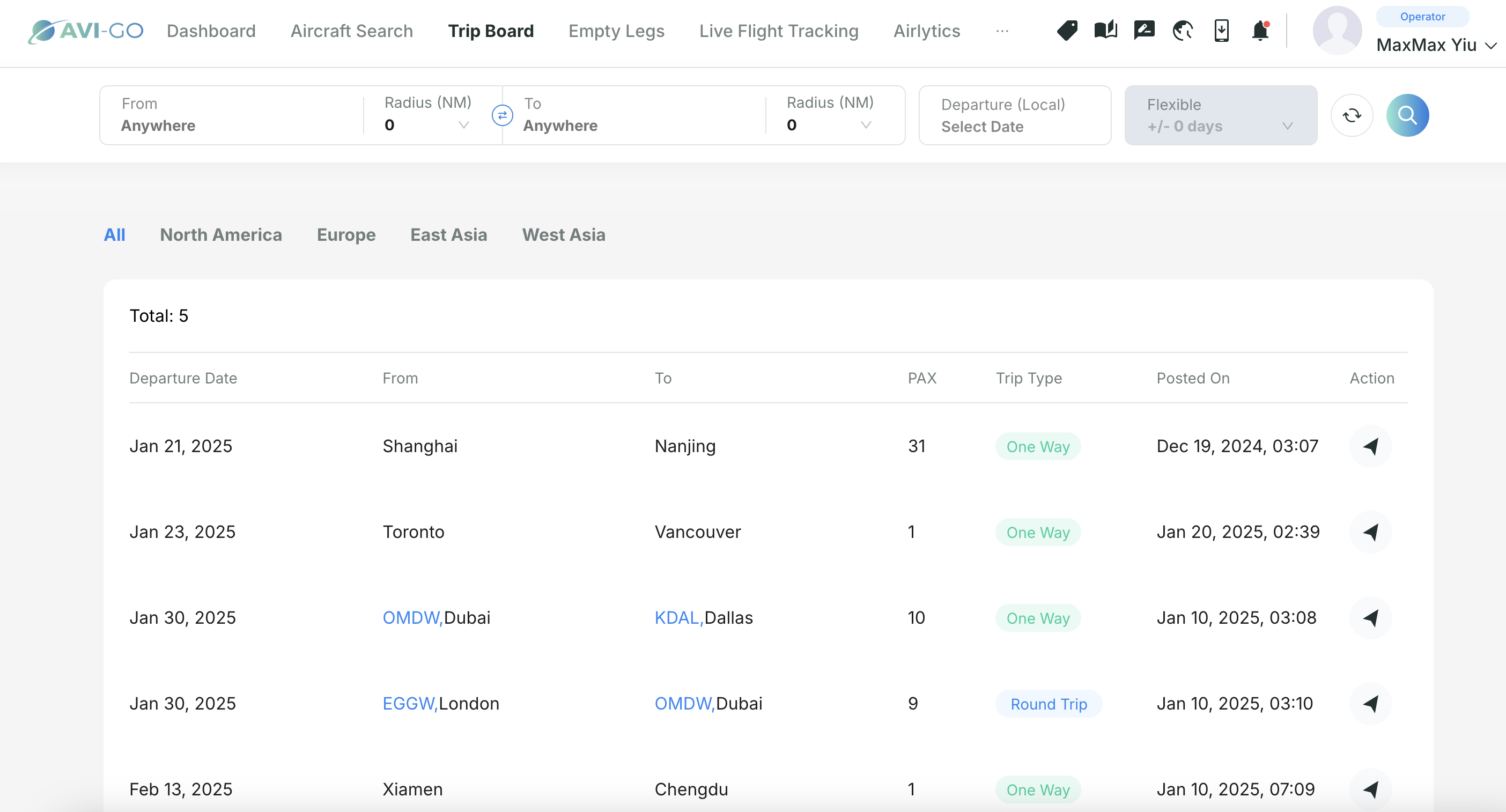 Avi-Go Trip Board for operators displaying a list of inquiries, awaiting more quotations from operators.
