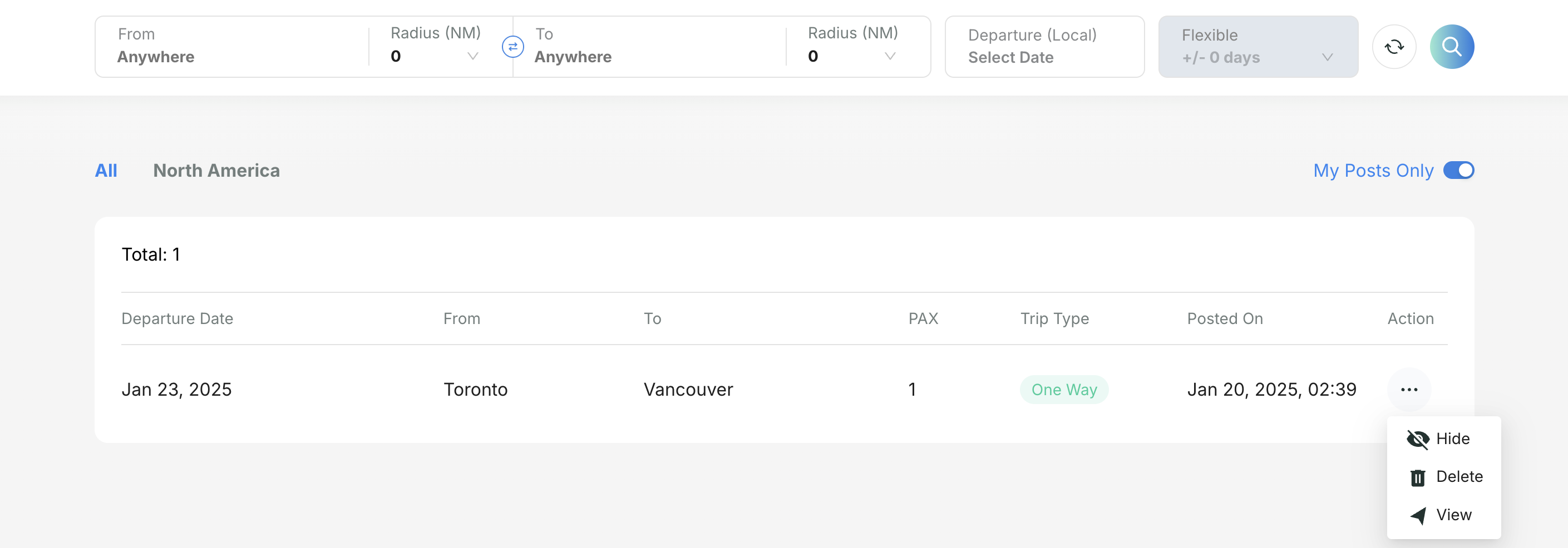 Brokers and operators using the 'My Posts Only' button on the Avi-Go Trip Board to filter and view their own posted inquiries.