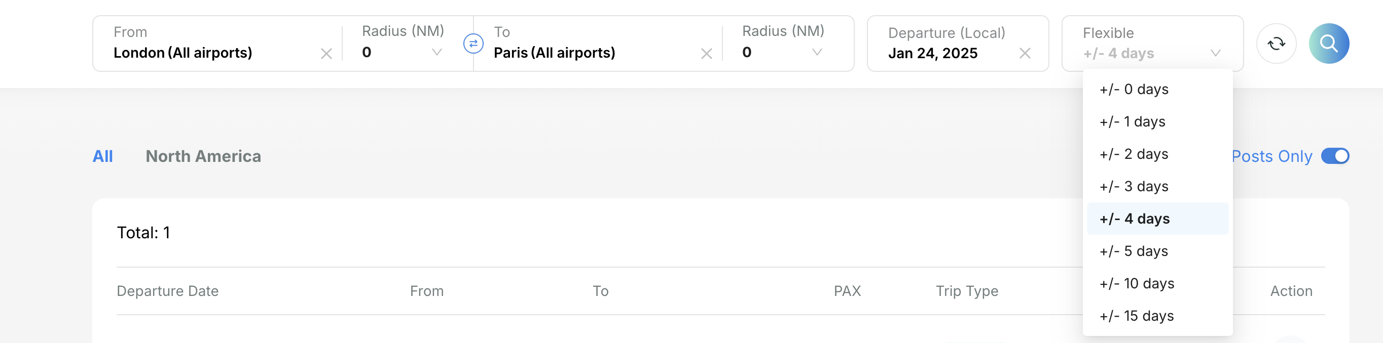 Avi-Go Trip Board's filtering tool allowing operators to filter inquiries by departure cities, destinations, radius, departure dates, and flexible days.