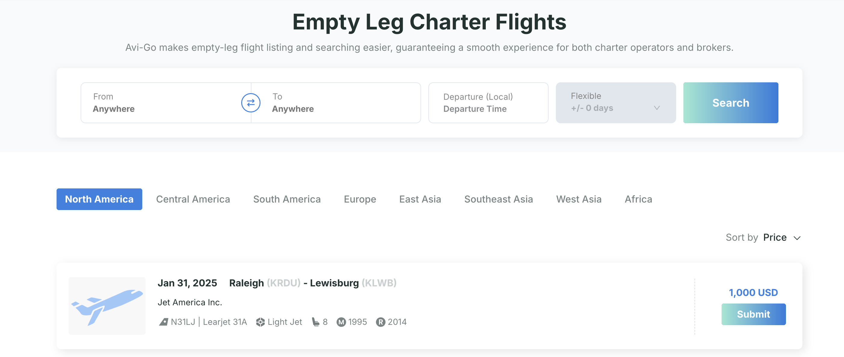 Avi-Go Empty Legs Search page displaying a search bar with fields for from, to, departure time, and flexible days, with available empty legs listed at the bottom.