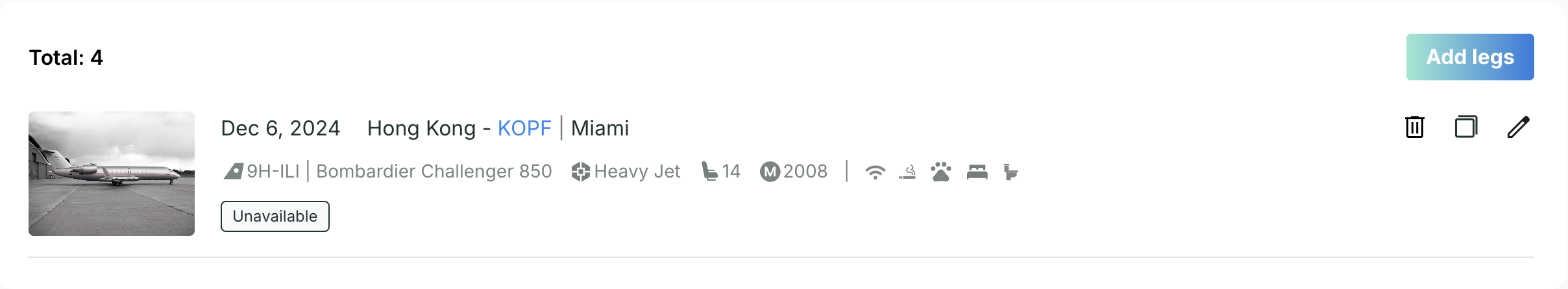 Screenshot of the Avi-Go interface showing a list of existing empty leg operator entries, each with options to edit, delete, and duplicate the listing.