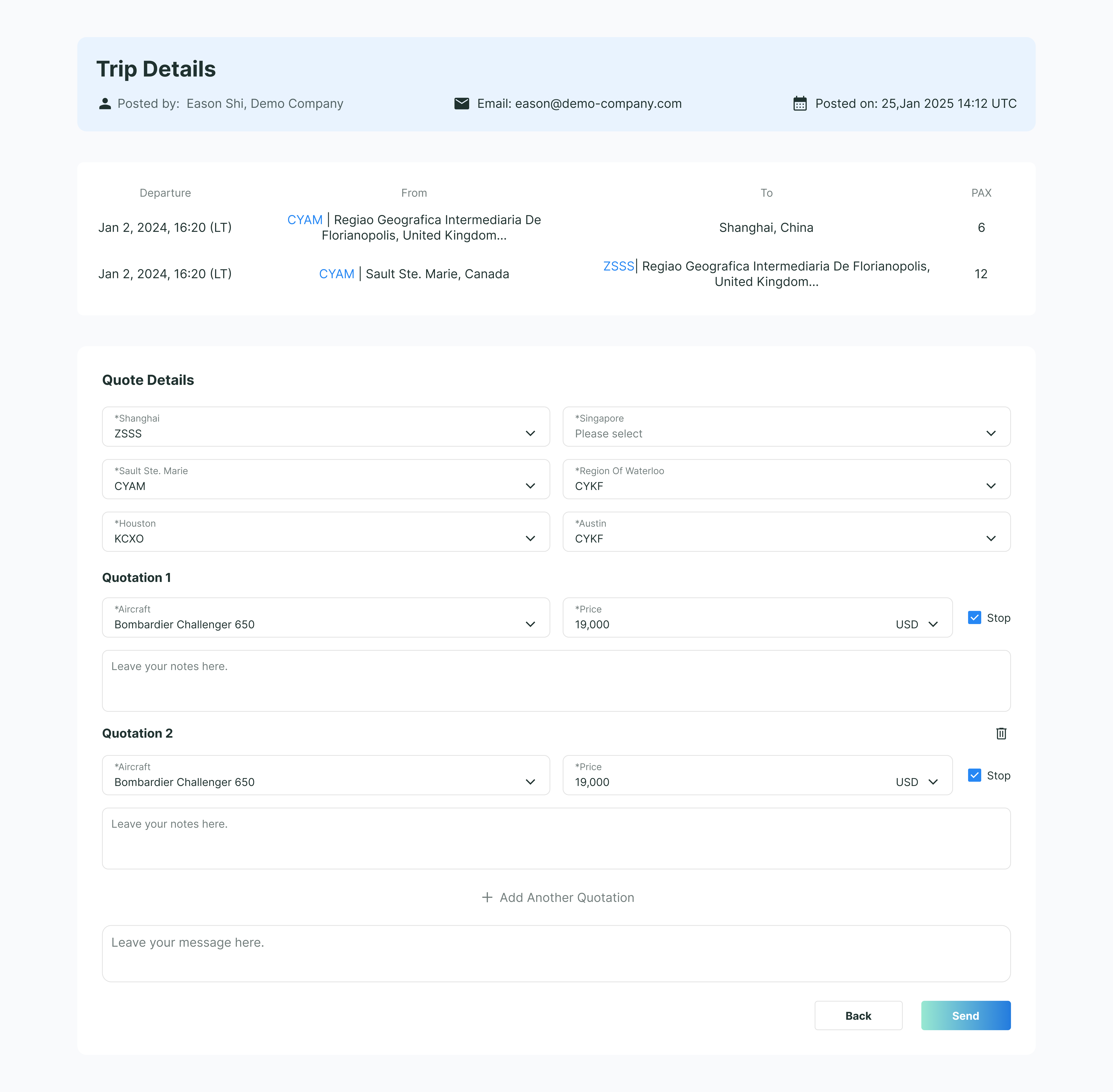 Trip Board quote submission page displaying selected inquiry details, including broker contact information, posted date, departure, and destination. Operators can input aircraft details and their preferred quotation.