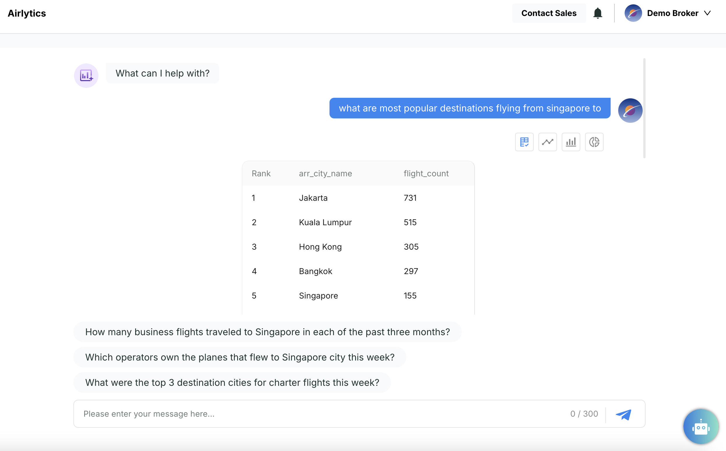 Screenshot of Avi-Go's Airlytics AI tool showing a query about the most popular routes flying from Singapore, with a ranked list of routes based on quantity.