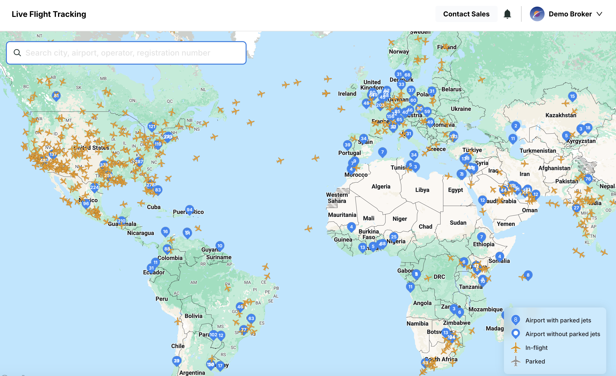 Avi-Go live flight tracking dashboard displaying real-time aircraft and airport data for air charter brokers.
