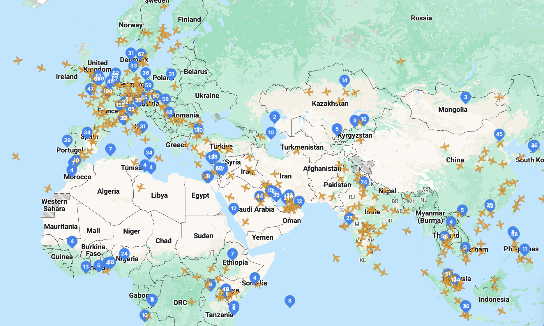 A live flight map displaying airplane icons for en route flights and blue pins for airports, allowing charter brokers to quickly identify high-traffic areas.