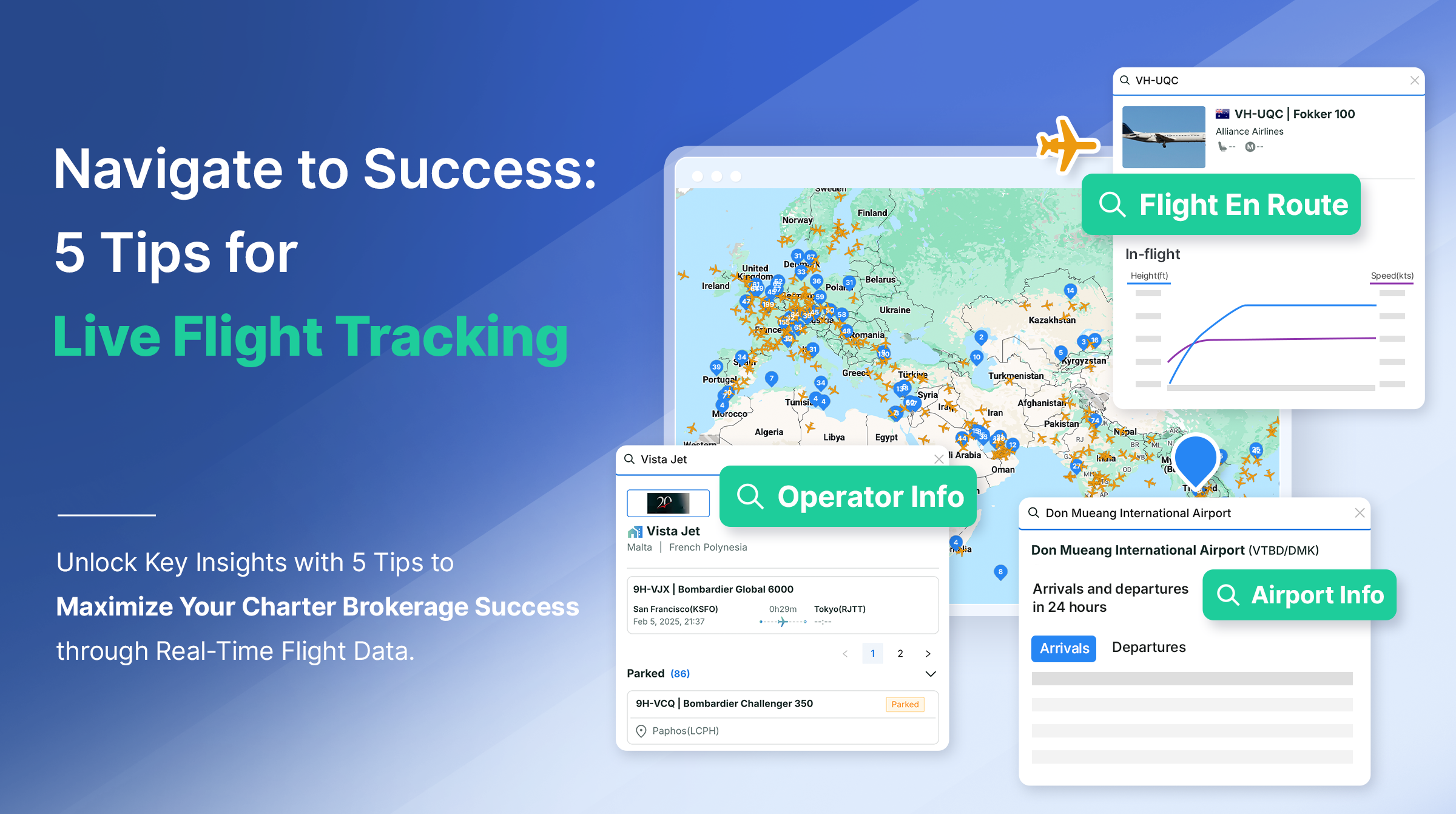 A live flight tracking map displaying real-time aircraft movements, flight number, route, airline, and aircraft details on a dynamic world map with flight paths and geographic markers.