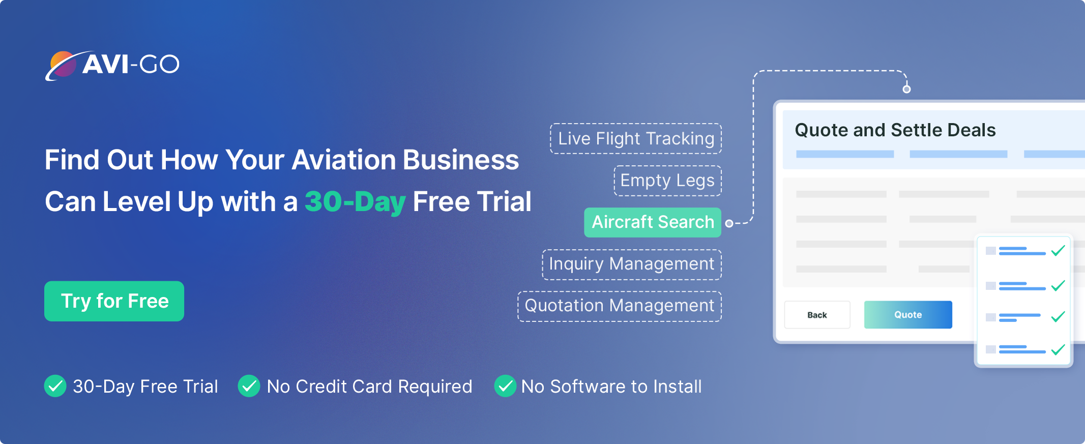 Carousel showcasing Avi-Go's key functions designed to enhance business between air charter brokers and operators, featuring a 30-day free trial of the Avi-Go air charter marketplace.