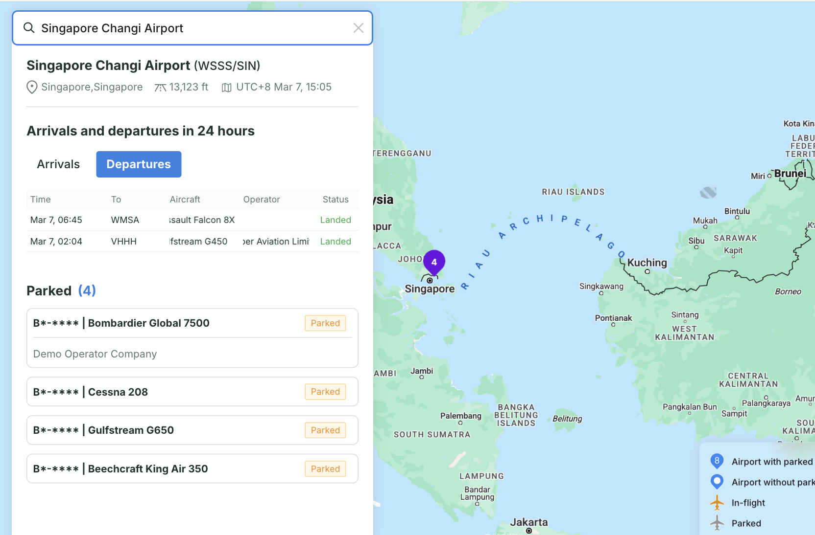 Screenshot of Avi-Go Live Flight Tracking showing a search for the departure airport, with detailed information on in-flight conditions, parked flights, and take-offs and landings within the past 24 hours.