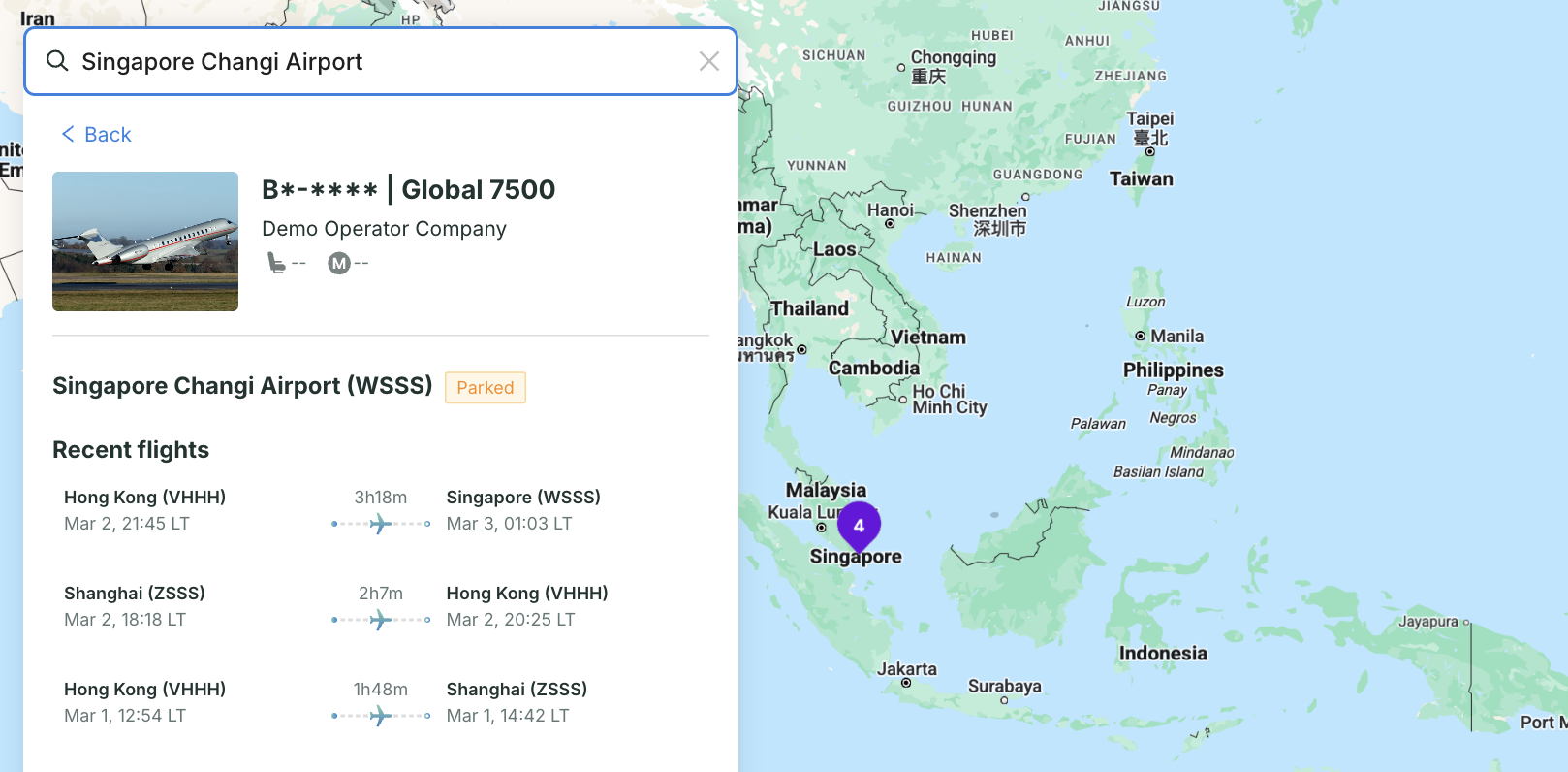 Screenshot of Avi-Go Live Flight Tracking showing recent flight information of Singapore Changqi Airport.