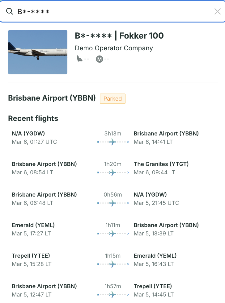 Live Flight Tracking interface with search fields for operator, airport, or aircraft registration, helping charter brokers find tailored flight data.