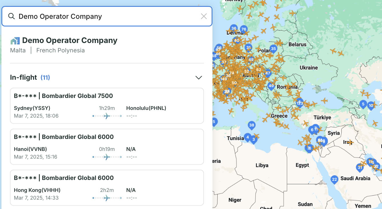 Avi-Go live flight tracking interface for charter brokers to search fleet activity and flight history, providing insights into operator portfolios.