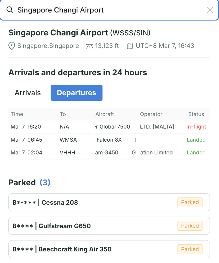 Avi-Go live flight tracking interface with a blue map pin highlighting an airport, displaying 24-hour arrivals, departures, and parked aircraft details for charter brokers.