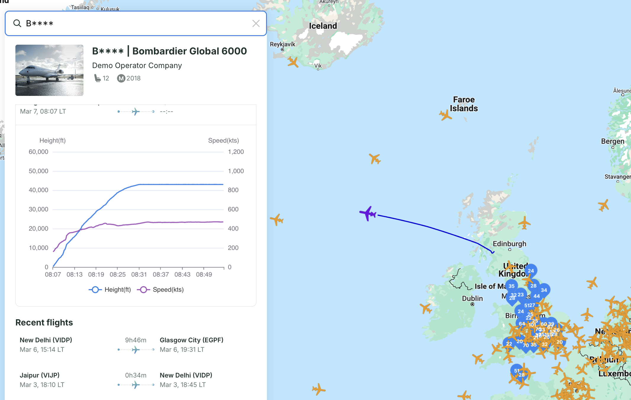Screenshot of Avi-Go's live flight tracking feature, showcasing real-time aircraft details such as altitude and speed for a flight en route, highlighting advanced data insights for private aviation.