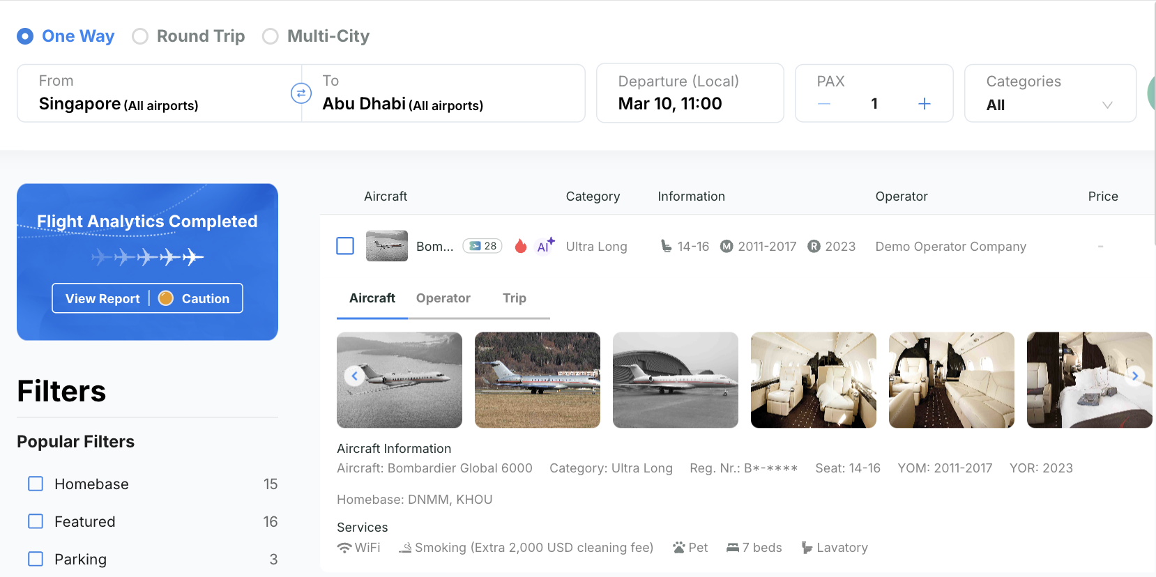 Screenshot of an aircraft sourcing search results page displaying various aircraft models matching the specified departure and destination cities.