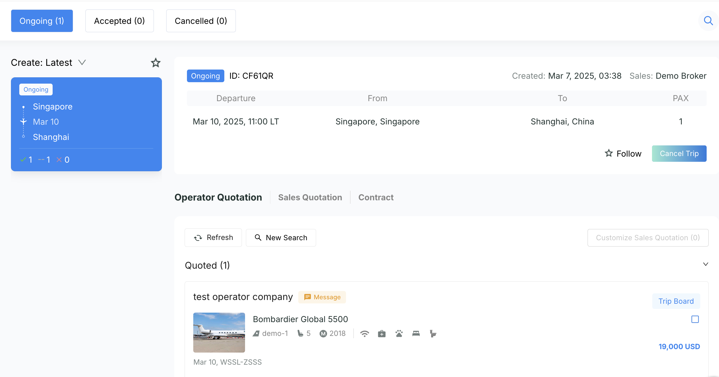 Screenshot of a consolidated order management page showing different order statuses, enabling brokers and operators to efficiently manage quotes and inquiries based on their roles.