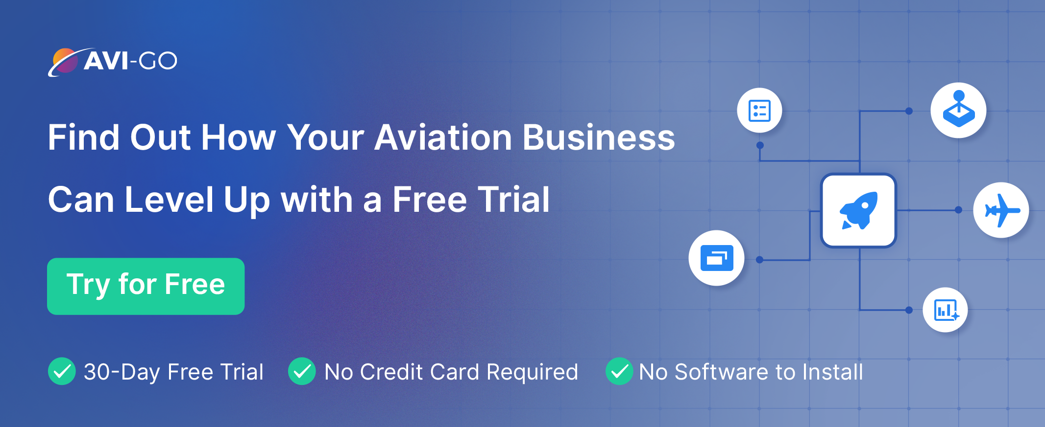 A footer banner displaying a diagram highlighting key features of Avi-Go's Air Charter Marketplace, designed to help air charter brokers and operators streamline sourcing, quoting, and deal-closing. The visual elements emphasize efficiency, trust, and security in business aviation.