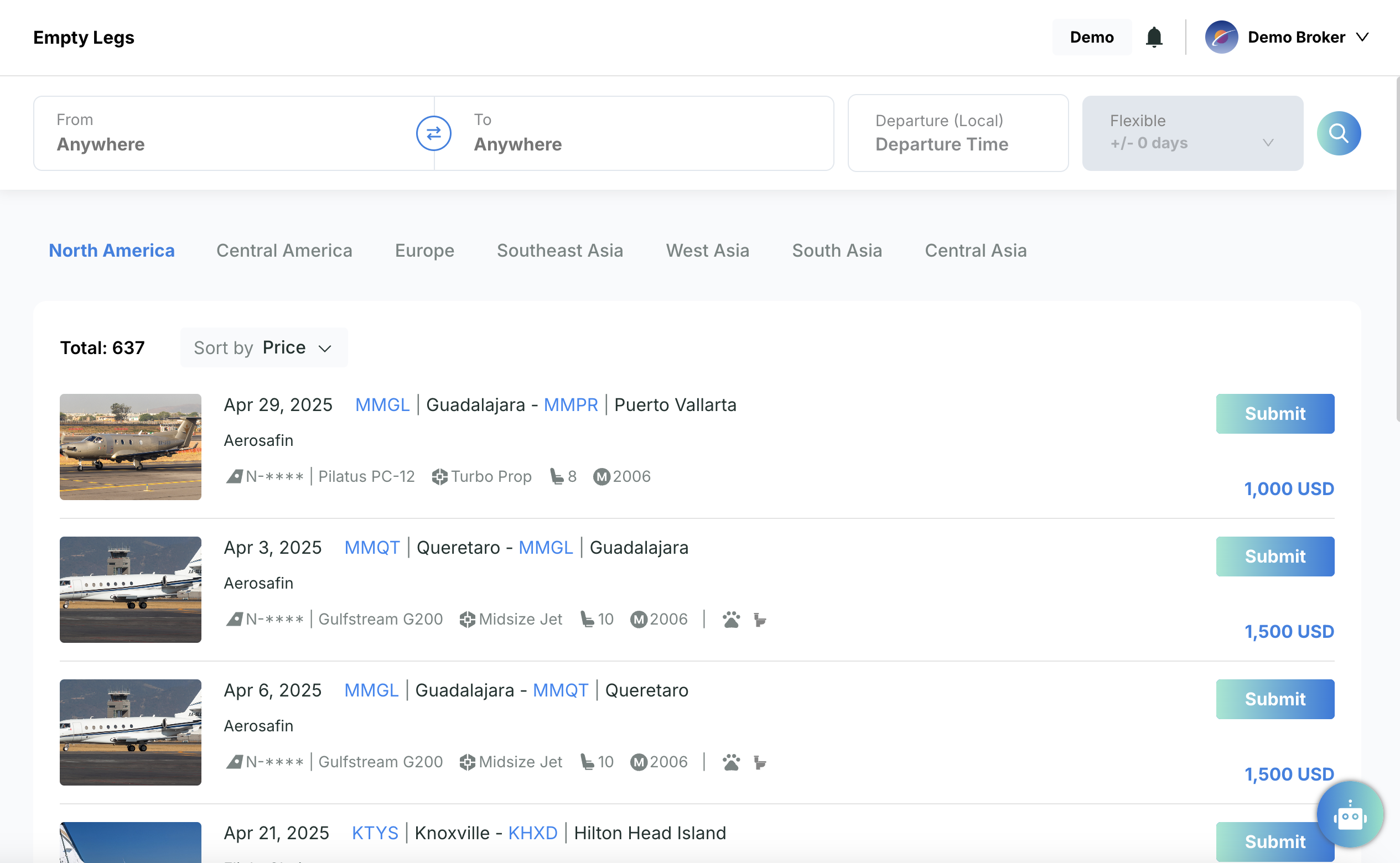 Screenshot of the Avi-Go Empty Leg search results page, displaying a search bar and filter options that allow air charter brokers to easily find and source matched aircraft for cost-effective charter flights.