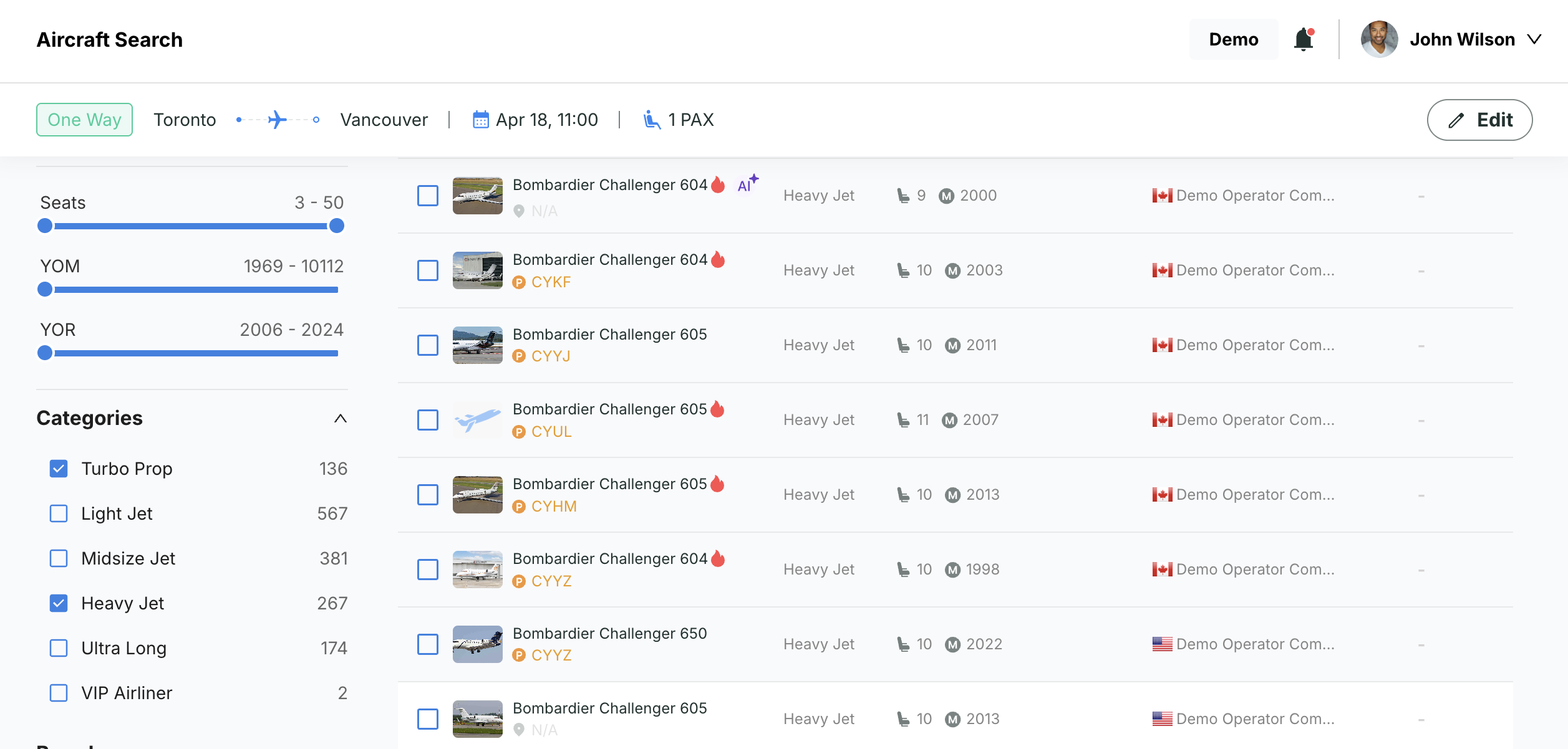 Avi-Go Aircraft Search feature with private jet categories available to select and filter out.