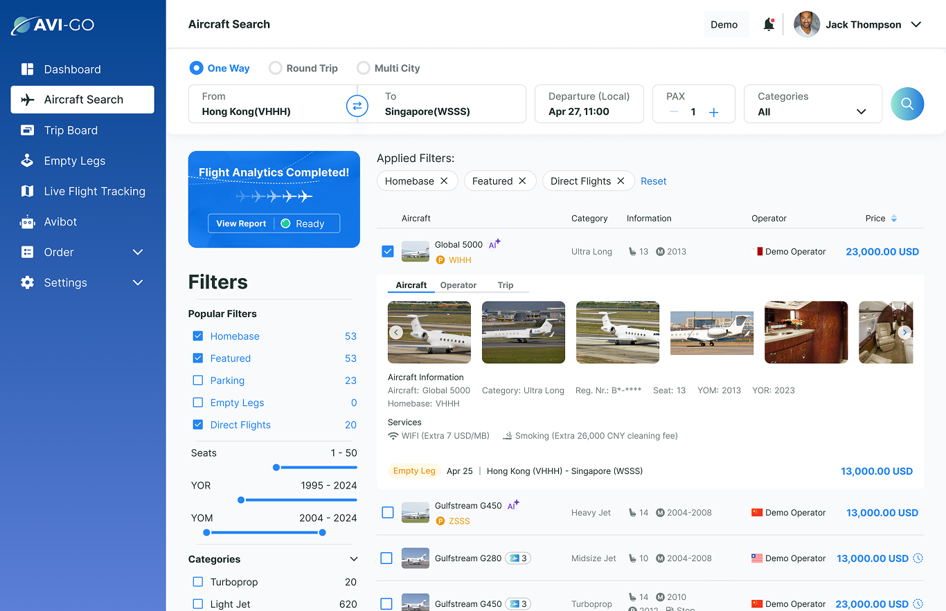 Avi-Go’s AI-powered aircraft search interface displaying real-time aircraft options with predictive pricing, enabling air charter brokers to present quotes instantly to client requests.